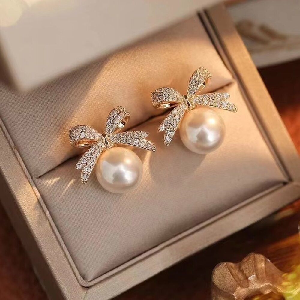 Wedding Bow Stud Earrings for Women's Rhinestones Pearls Party Gift Jewelry